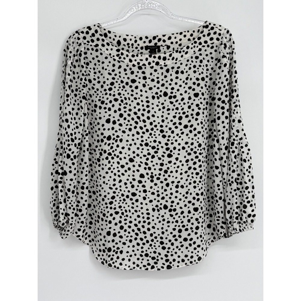 Ann Taylor Factory Black White Polka Dot‎ Puff Sleeve Boat Neck Blouse Sz S